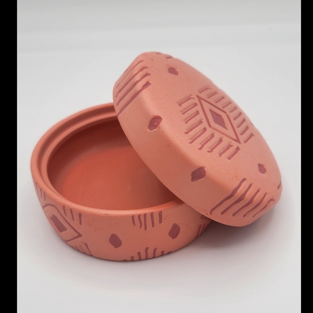 Gen3 Terracotta Trinket Dish with Lid Southwestern Geometric Pink Clay Jar